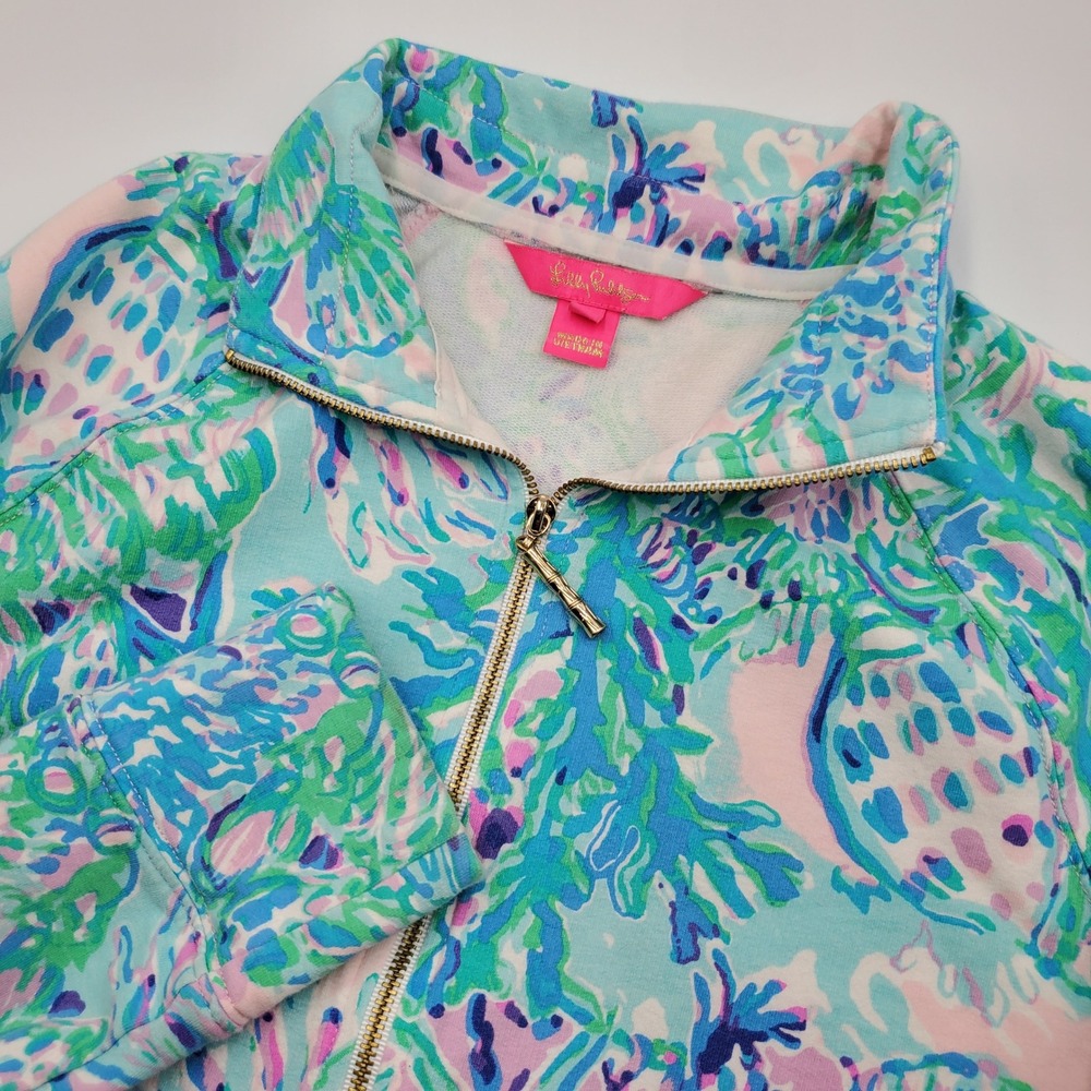 Lilly Pulitzer Skipper Popover Blue Green Coral Half Zip Sweatshirt XS RN88189